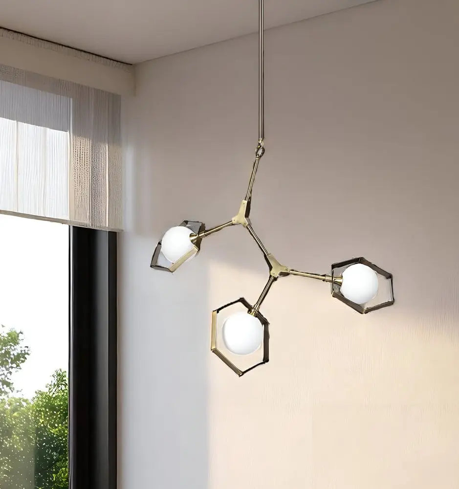 Champagne Unique Statement Three Light Metal and Glass Dimmable Chandelier With White Shades HomeRoots