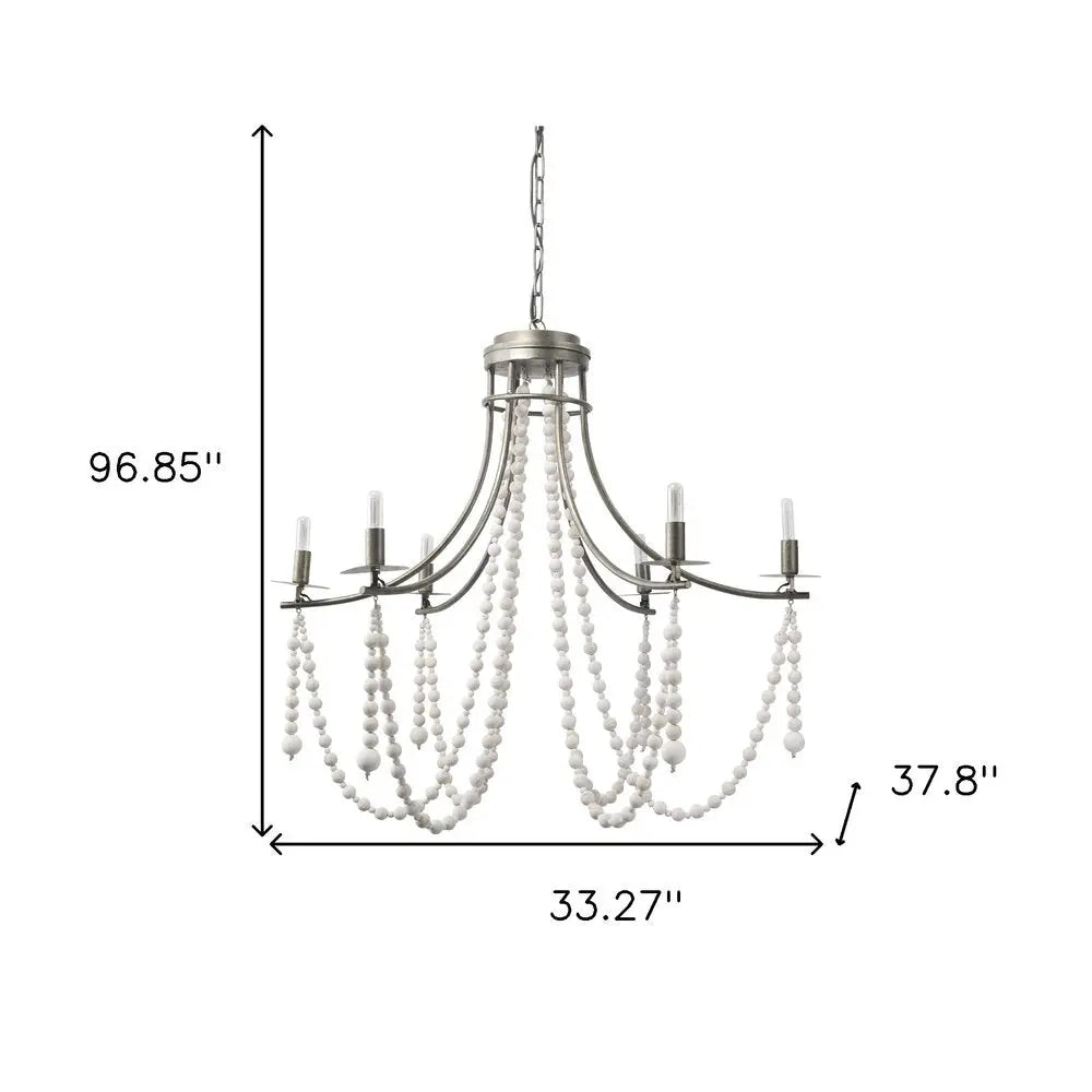 White And Silver Candle Style Six Light Metal and Beads Dimmable Chandelier HomeRoots