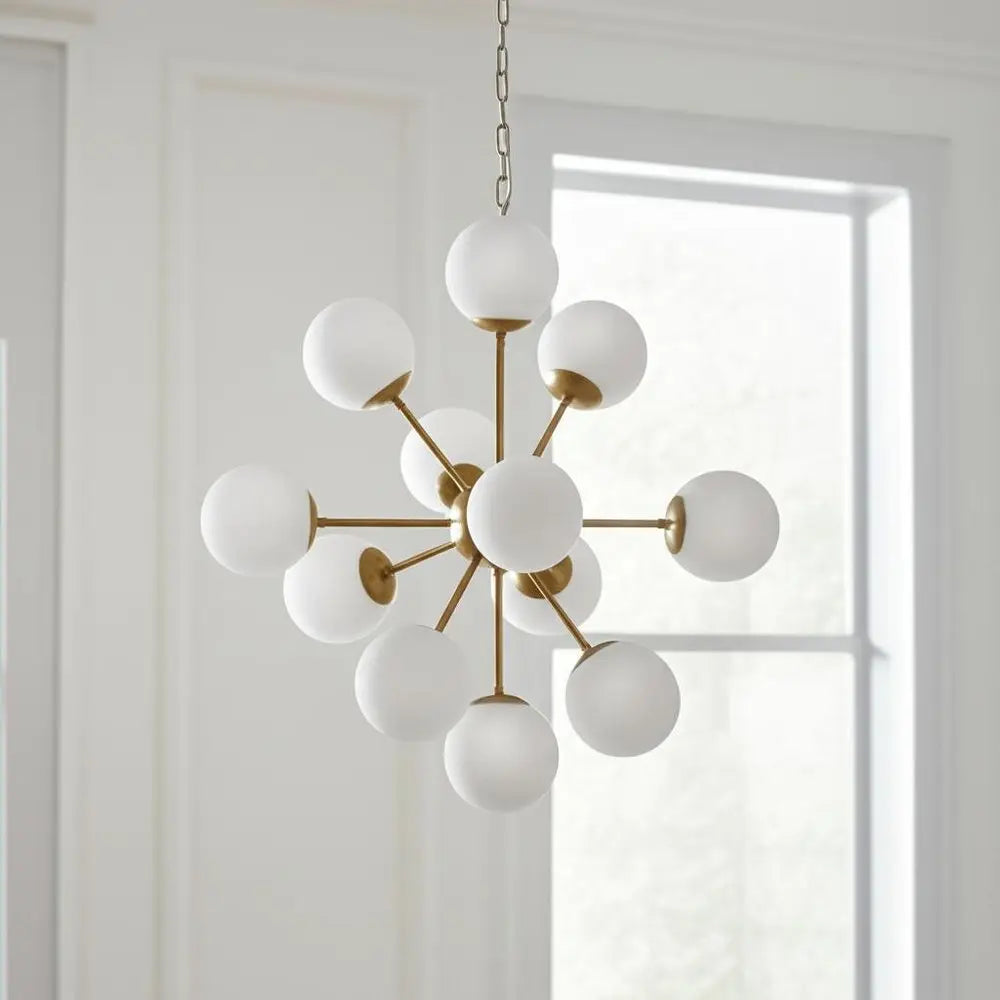 Gold Sputnik Eleven Light Frosted Metal and Glass Dimmable Chandelier With White Shades HomeRoots