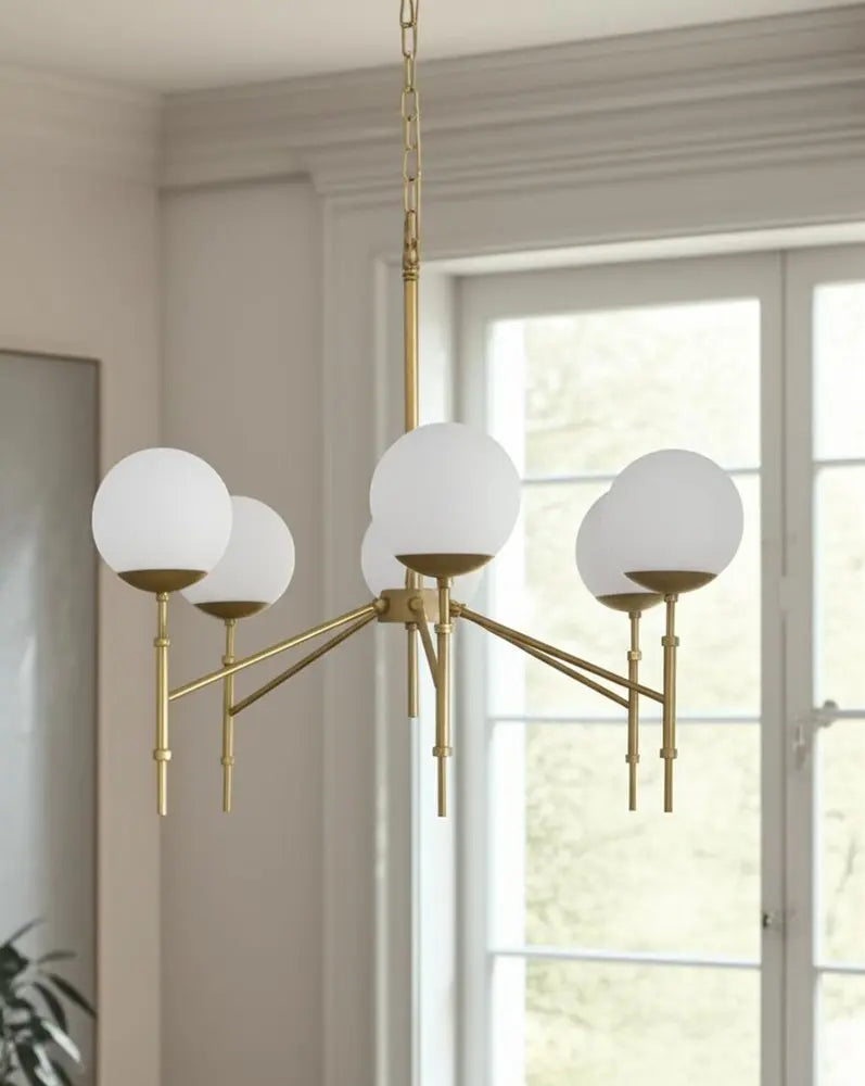 Gold Sputnik Six Light Frosted Metal and Glass Dimmable Chandelier With White Shades HomeRoots