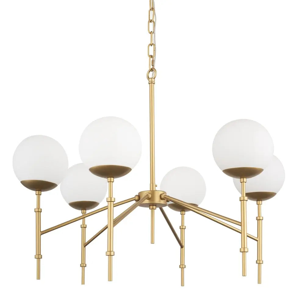 Gold Sputnik Six Light Frosted Metal and Glass Dimmable Chandelier With White Shades HomeRoots