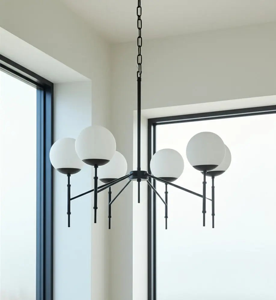 Black Sputnik Six Light Frosted Metal and Glass Dimmable Chandelier With White Shades HomeRoots