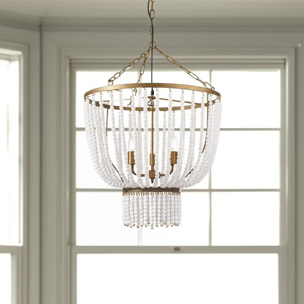 Gold And White Empire Three Light Metal and Beads Dimmable Chandelier HomeRoots