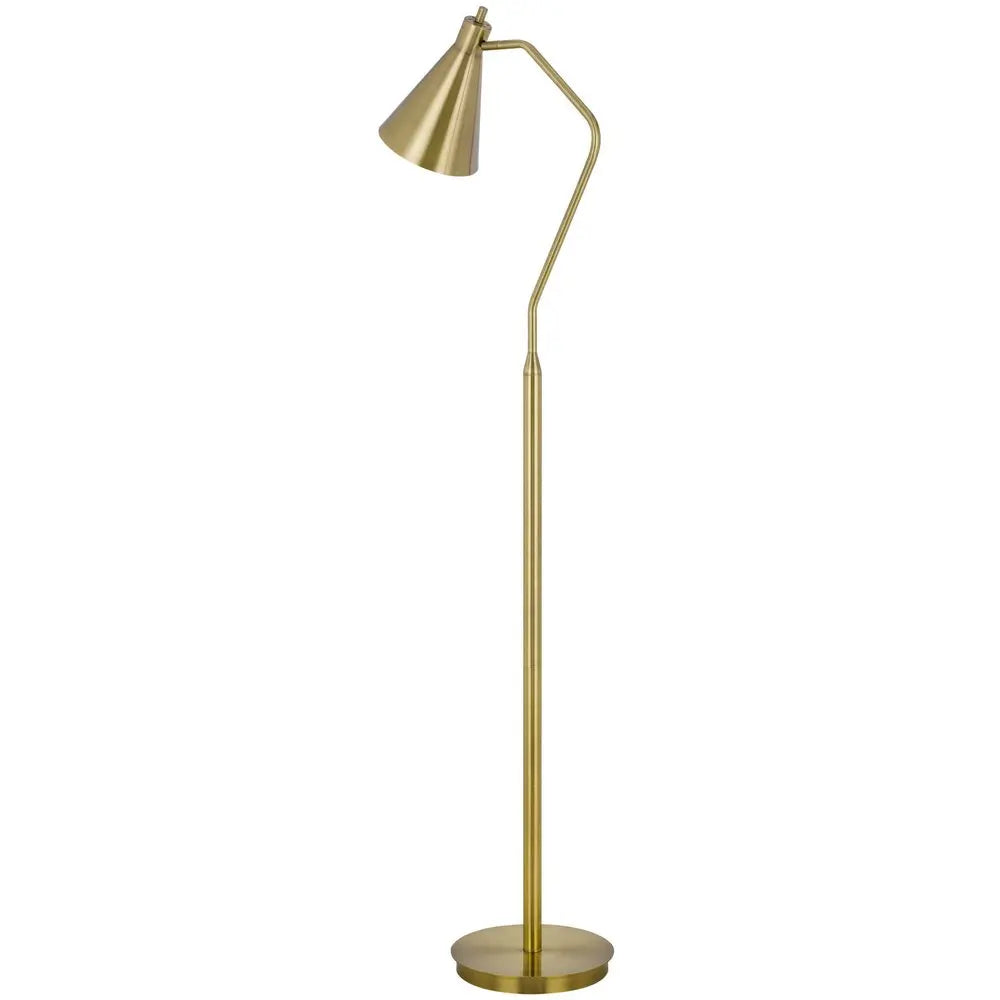 63" Antiqued Brass Metal Reading Floor Lamp With Antiqued Brass Metal Cone Shade HomeRoots