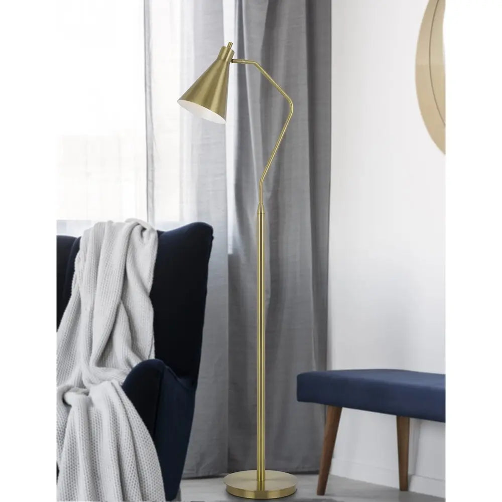 63" Antiqued Brass Metal Reading Floor Lamp With Antiqued Brass Metal Cone Shade HomeRoots