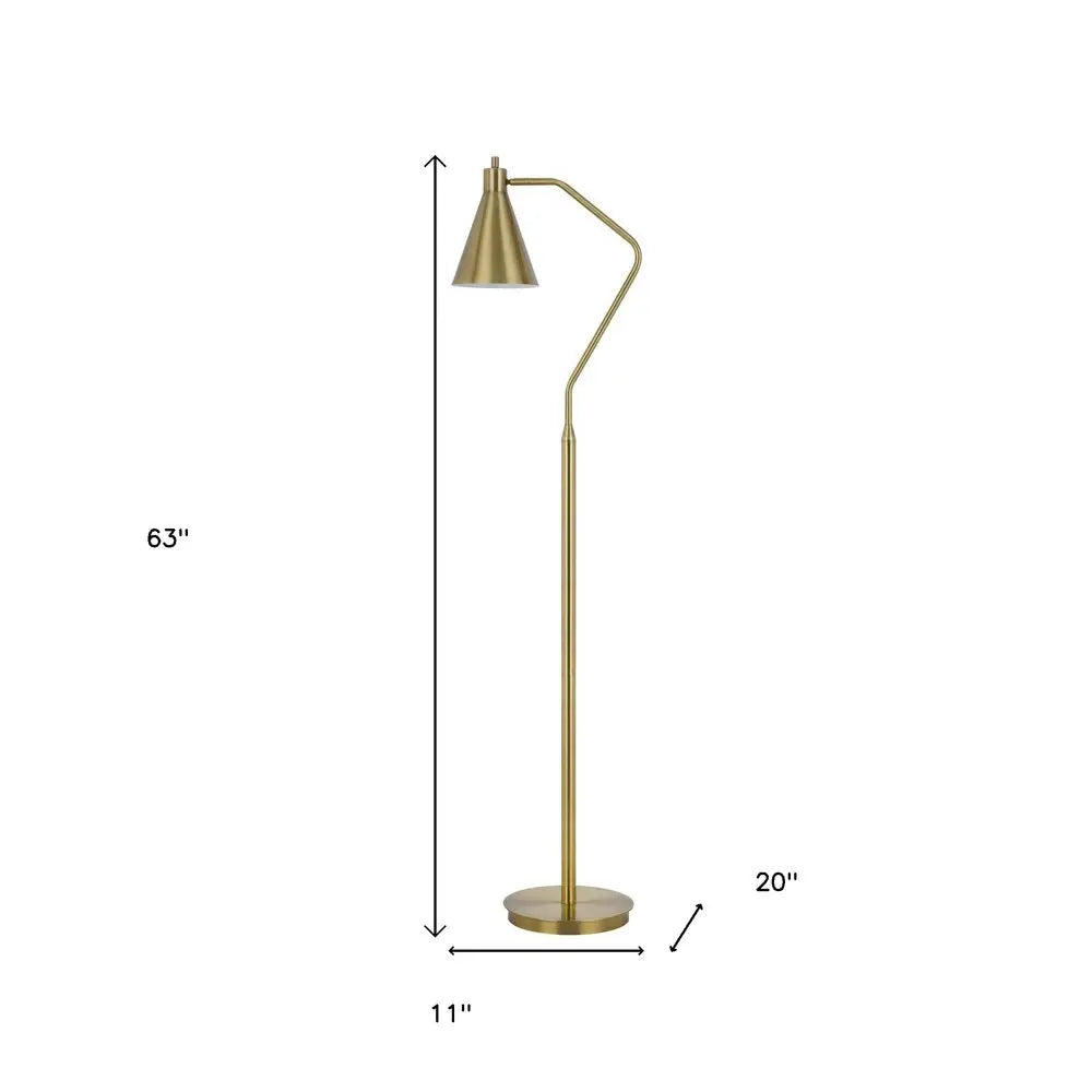 63" Antiqued Brass Metal Reading Floor Lamp With Antiqued Brass Metal Cone Shade HomeRoots