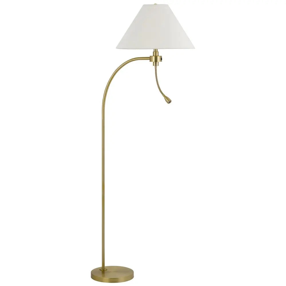 68" Antiqued Brass Metal Reading Floor Lamp With Off White Fabric Empire Shade HomeRoots