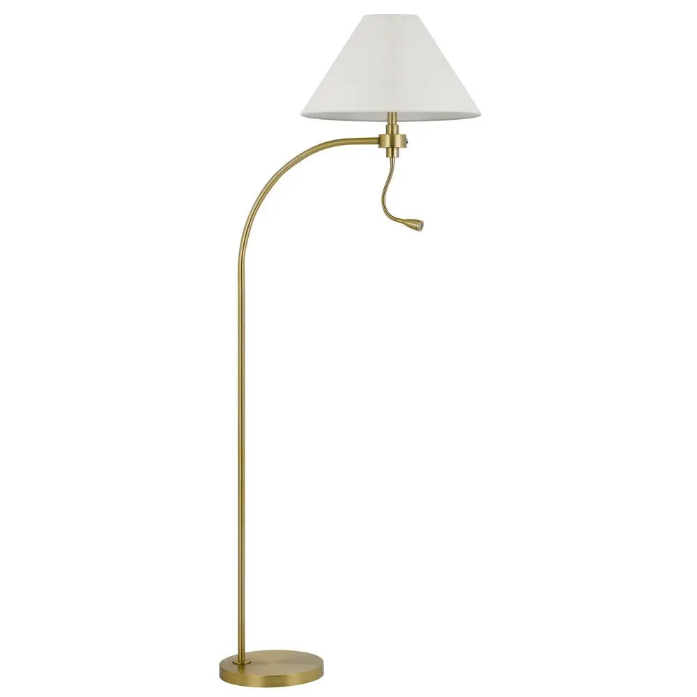 68" Antiqued Brass Metal Reading Floor Lamp With Off White Fabric Empire Shade HomeRoots