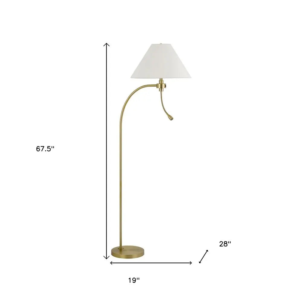 68" Antiqued Brass Metal Reading Floor Lamp With Off White Fabric Empire Shade HomeRoots