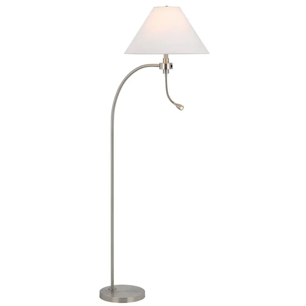 68" Nickel Metal Reading Floor Lamp With White Fabric Empire Shade HomeRoots
