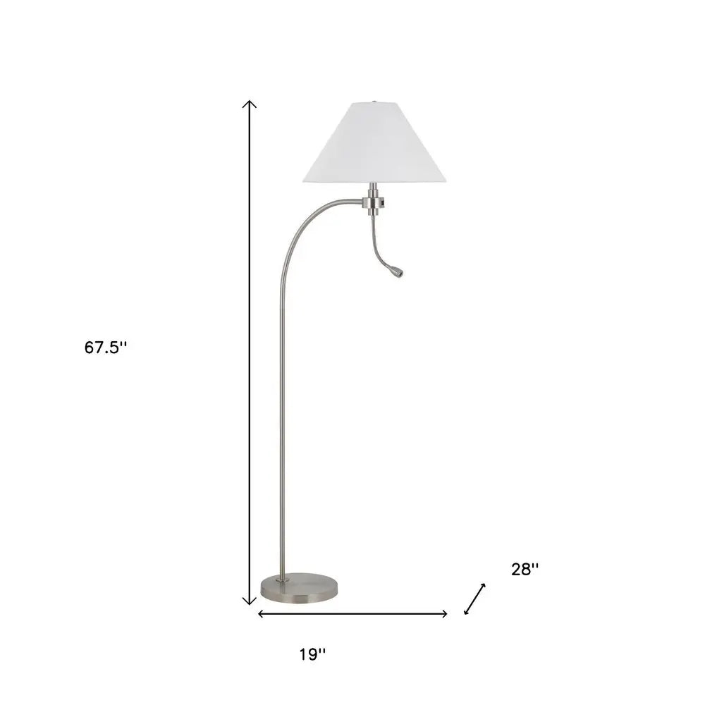 68" Nickel Metal Reading Floor Lamp With White Fabric Empire Shade HomeRoots