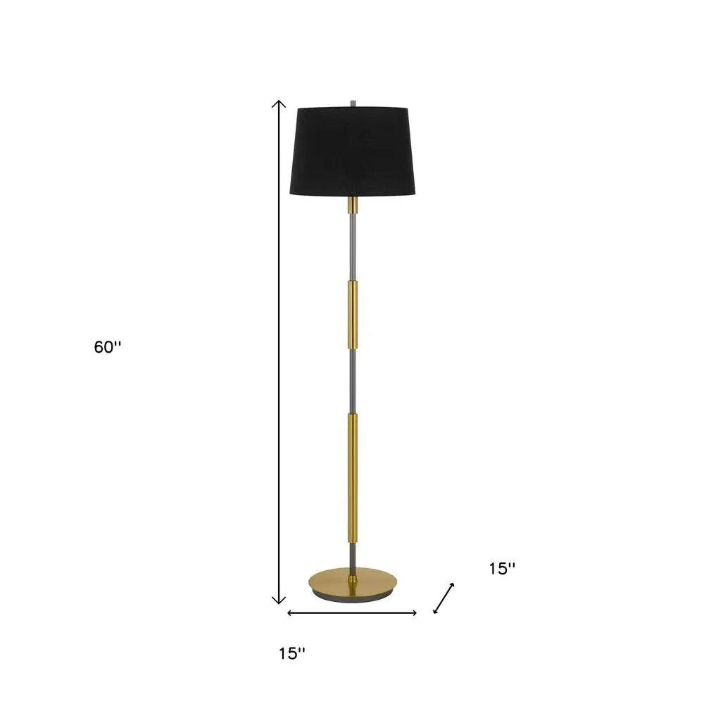 60" Antiqued Brass Metal Floor Lamp With Black Fabric Drum Shade HomeRoots