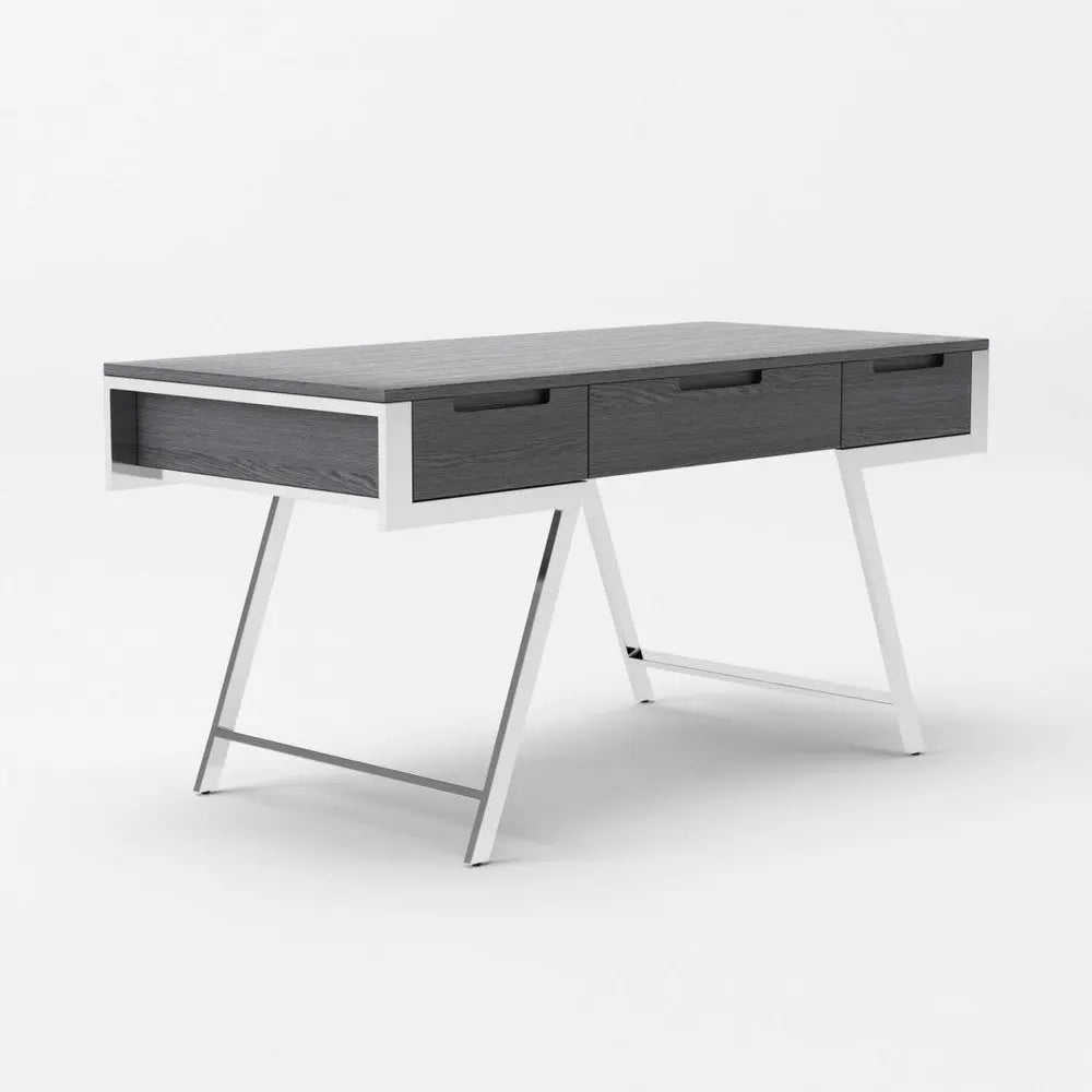 63" Gray and Silver Writing Desk With Three Drawers - NOBLE HOME INTERIORS
