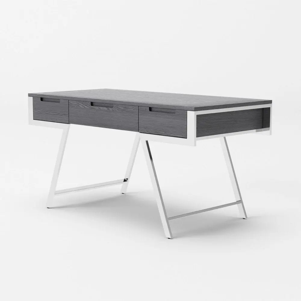 63" Gray and Silver Writing Desk With Three Drawers - NOBLE HOME INTERIORS