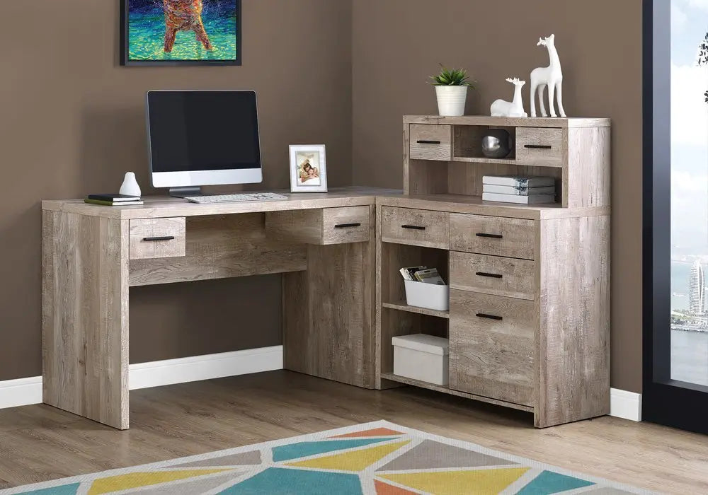 63" Taupe L Shape Computer Desk With Eight Drawers - NOBLE HOME INTERIORS