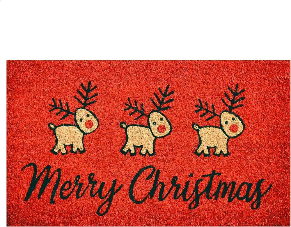 17" X 29" Red And Black Coir Reindeer Outdoor Christmas Door Mat HomeRoots