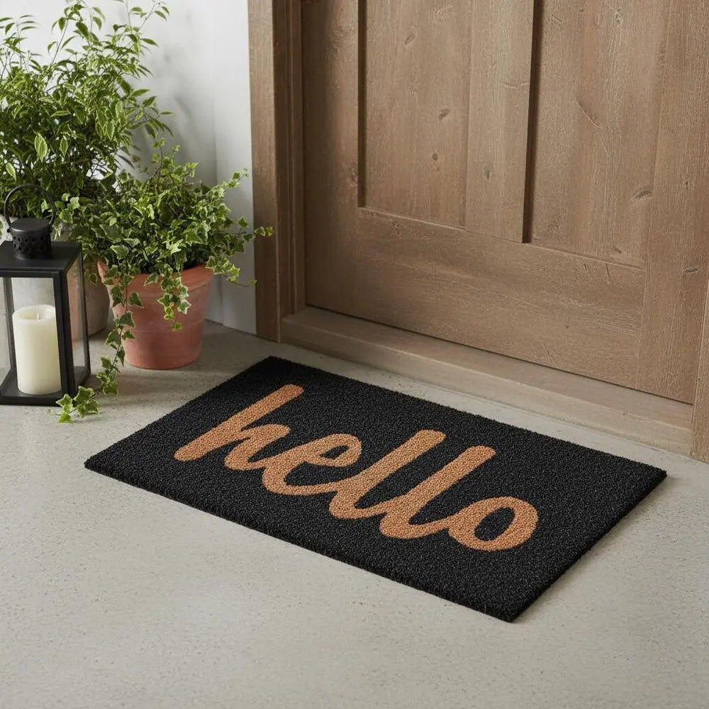 17" X 29" Black And Natural Hello Outdoor Coir Door Mat HomeRoots