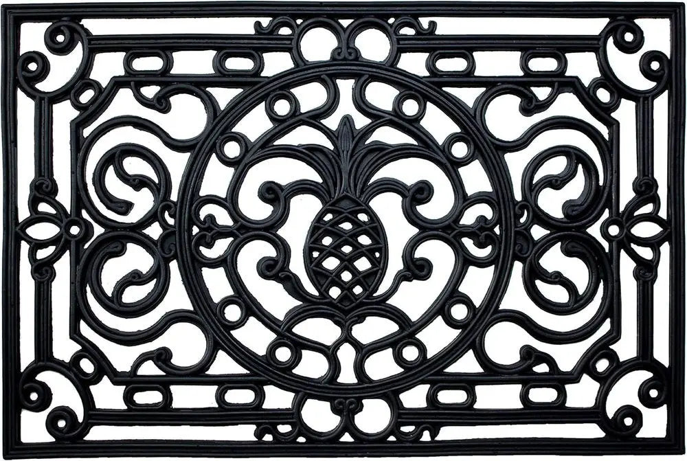 24" X 36" Black Pineapple And Scrollwork Outdoor Rubber Door Mat HomeRoots