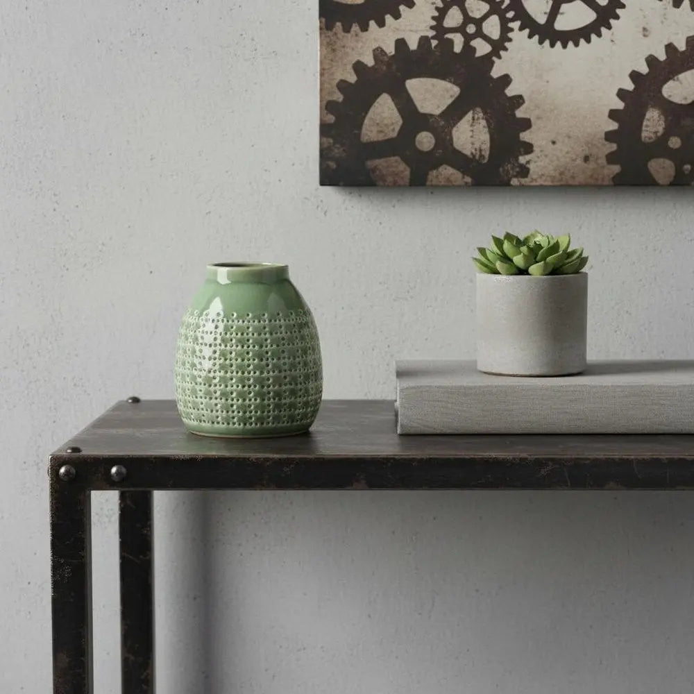 7" Green And White Round Clay Table Vase HomeRoots