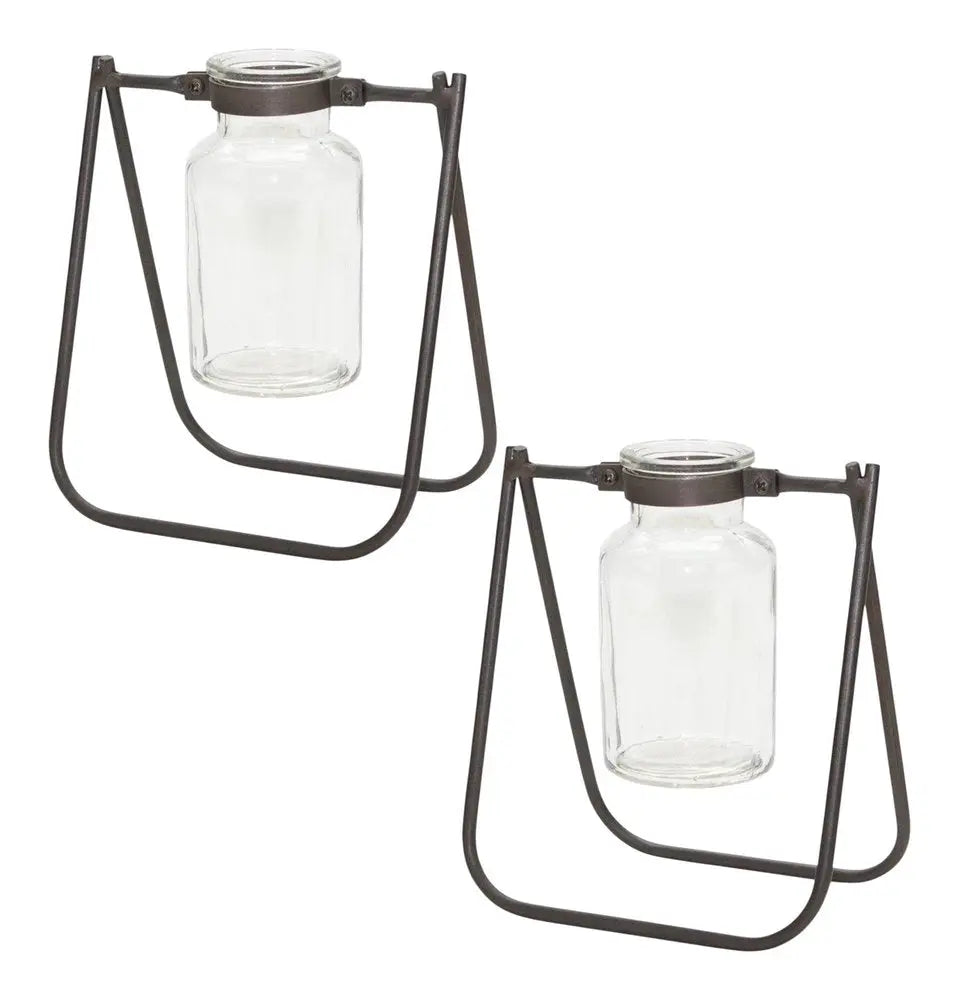 Set of Two Brown And Clear Round Metal Table Vase HomeRoots