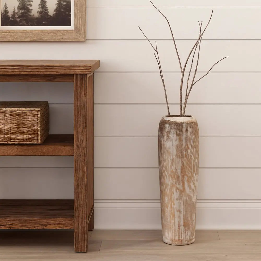 18" White And Brown Round Wood Floor Vase HomeRoots