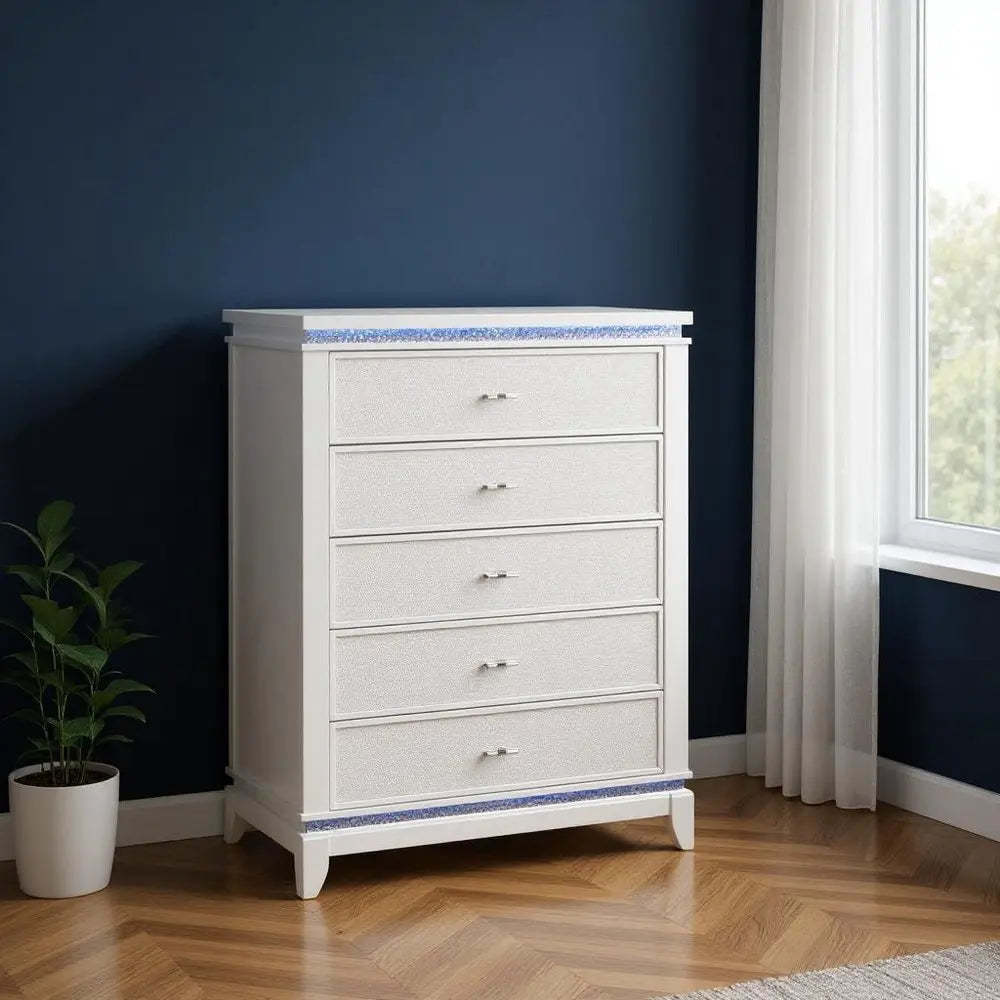 36" White Faux Crystal Glitter Wood Lighted Five Drawer Dresser HomeRoots