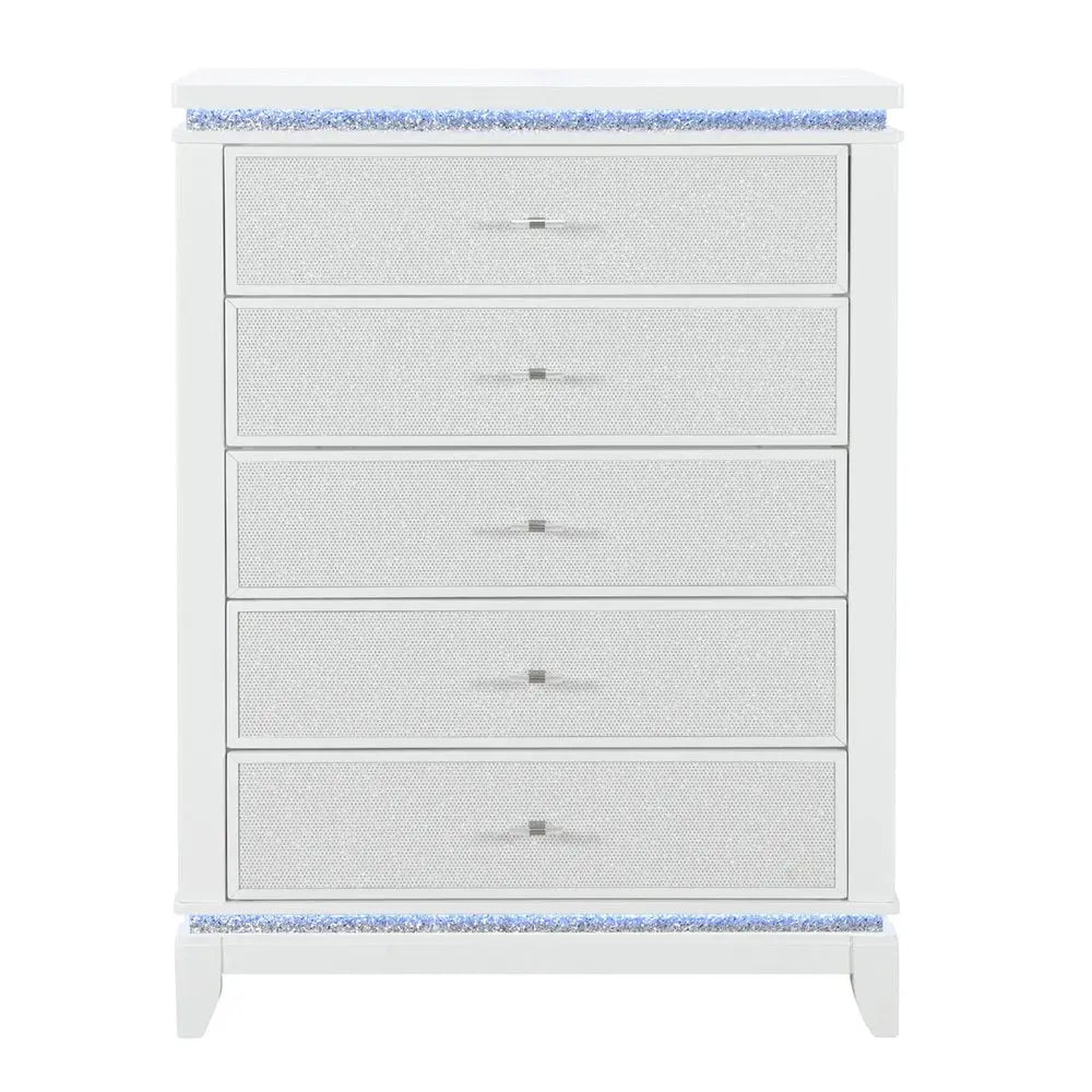 36" White Faux Crystal Glitter Wood Lighted Five Drawer Dresser HomeRoots