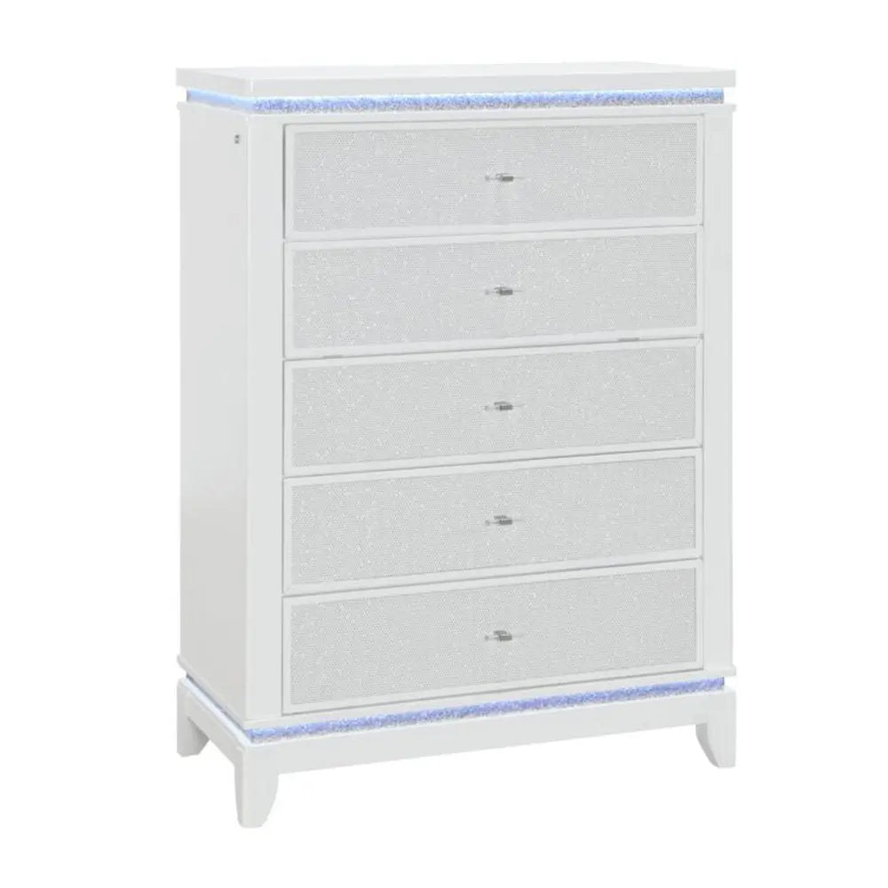 36" White Faux Crystal Glitter Wood Lighted Five Drawer Dresser HomeRoots