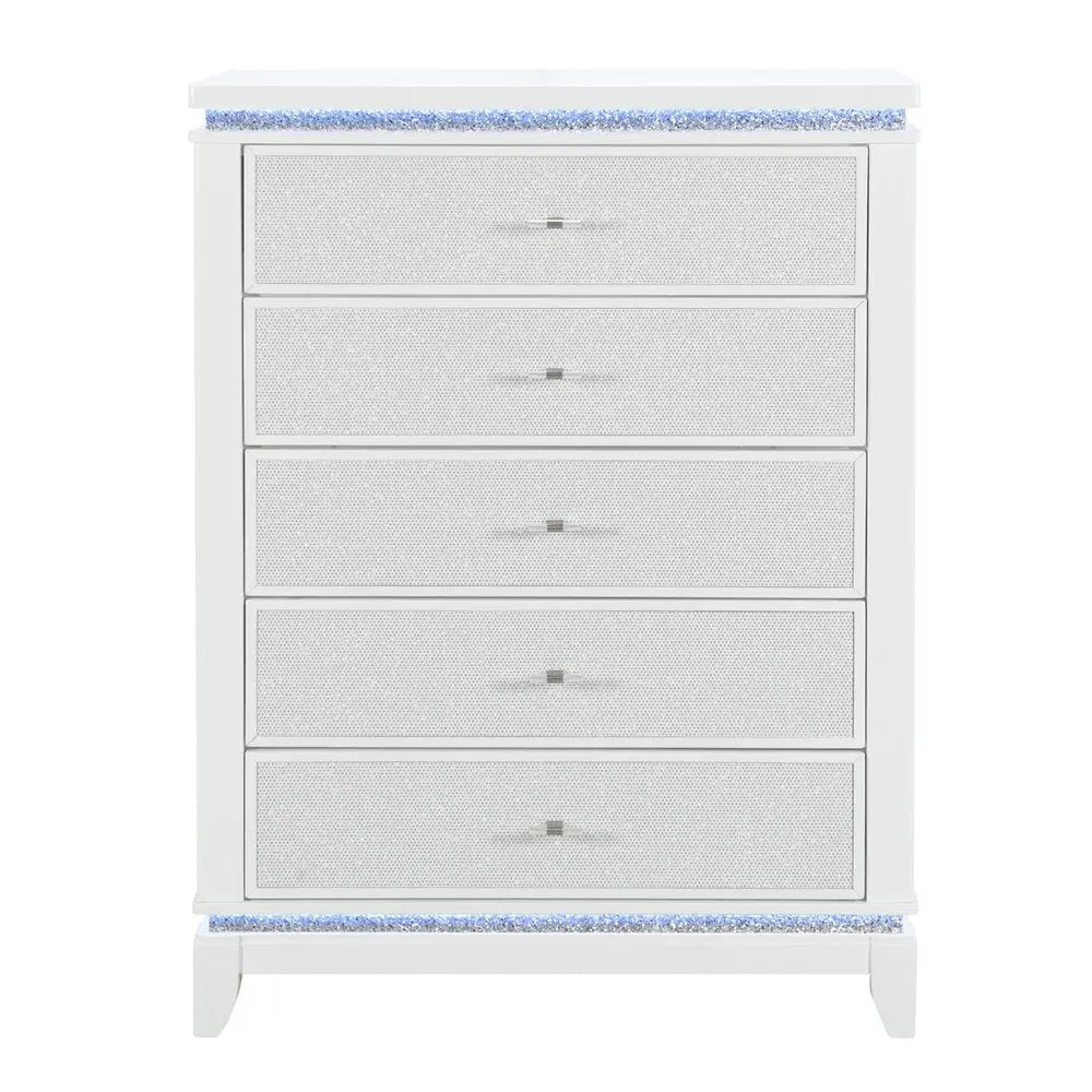 36" White Faux Crystal Glitter Wood Lighted Five Drawer Dresser HomeRoots