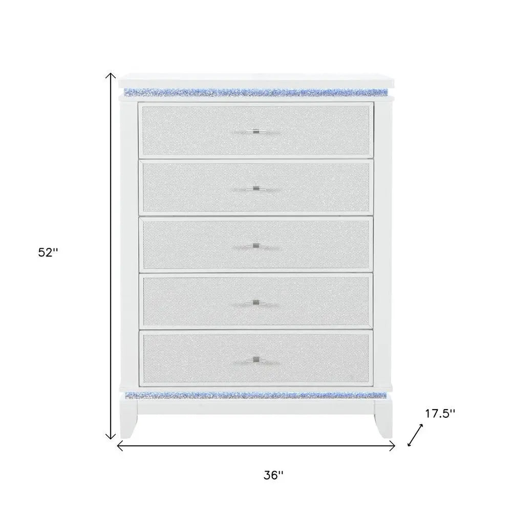 36" White Faux Crystal Glitter Wood Lighted Five Drawer Dresser HomeRoots