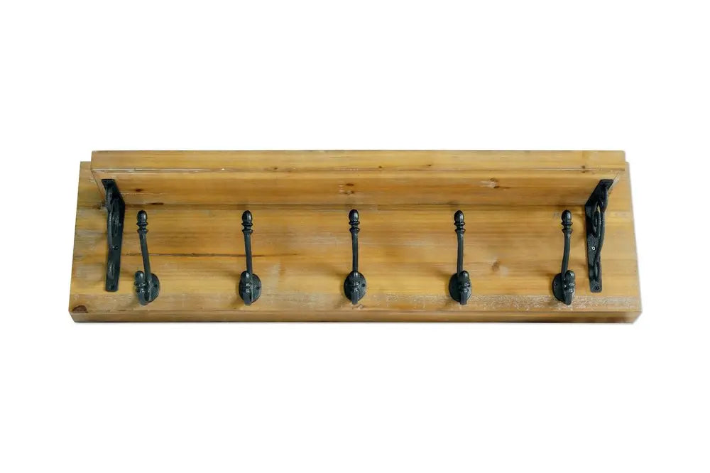 6" Black And Brown Metal And Solid Wood Five Hook Wall Mount Coat Rack HomeRoots