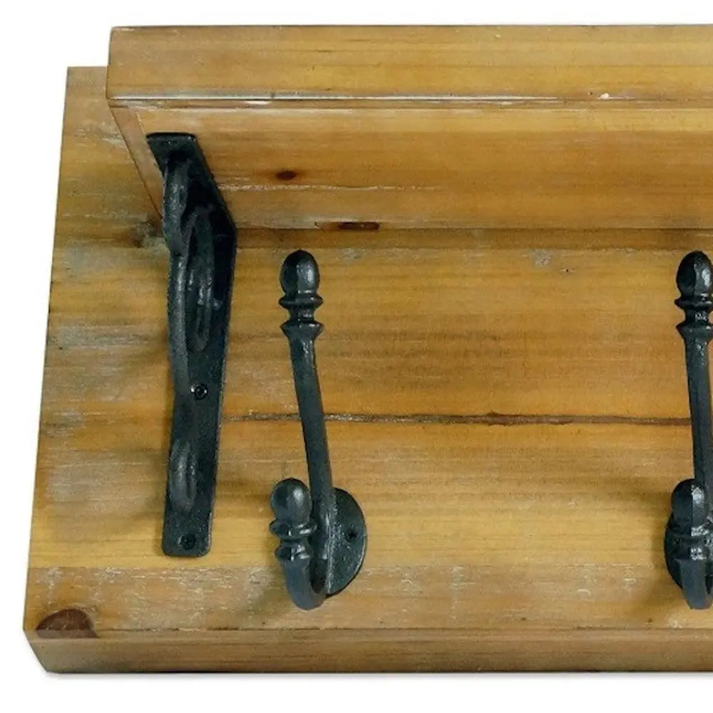 6" Black And Brown Metal And Solid Wood Five Hook Wall Mount Coat Rack HomeRoots