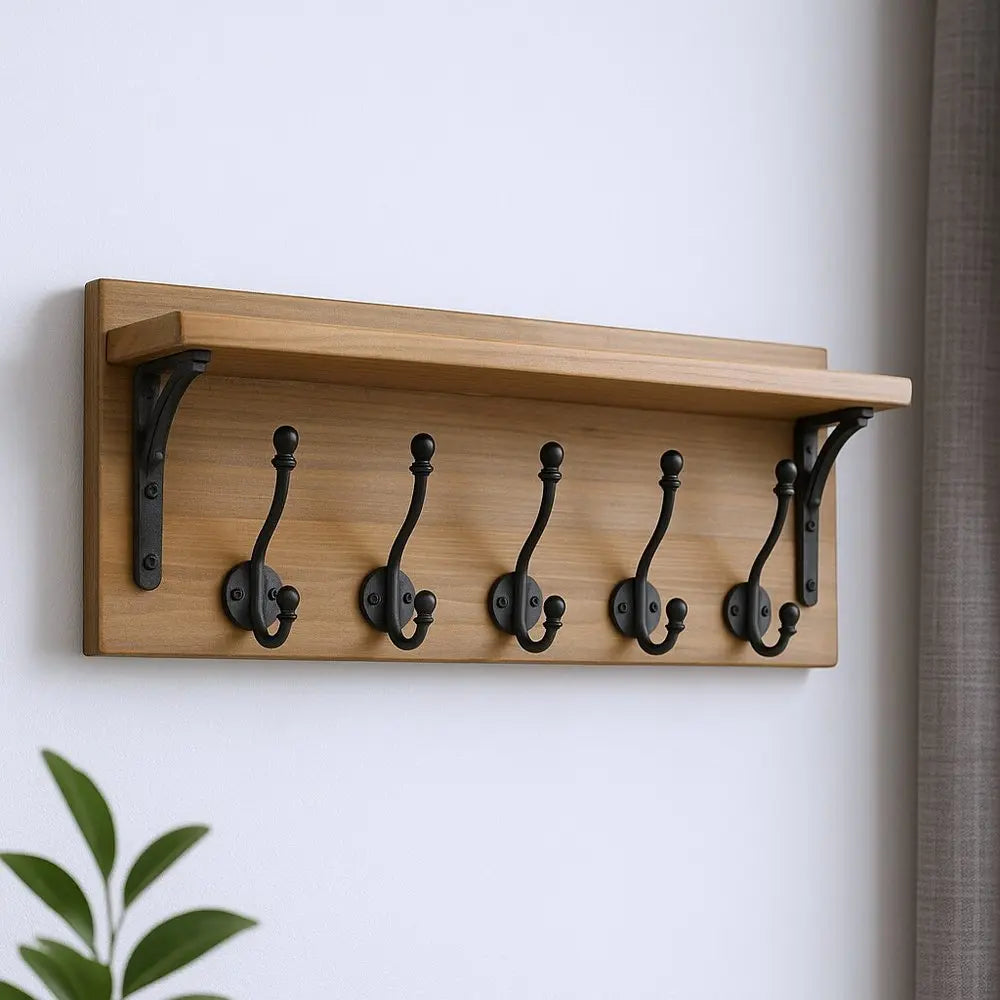 6" Black And Brown Metal And Solid Wood Five Hook Wall Mount Coat Rack HomeRoots