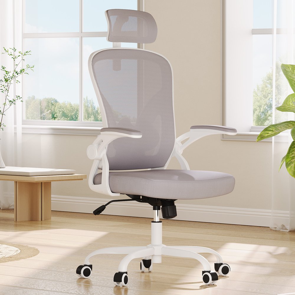 Silla de oficina giratoria con ruedas y altura ajustable en gris, blanco y negro