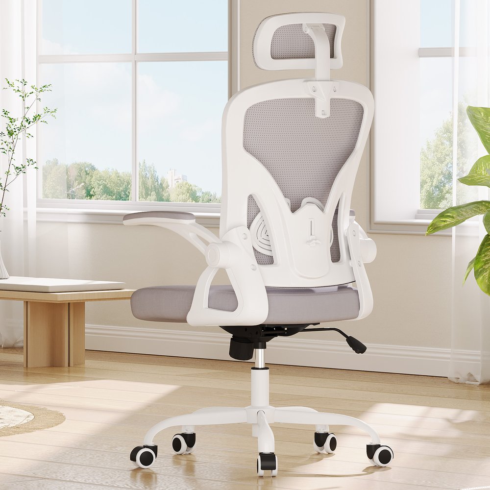 Silla de oficina giratoria con ruedas y altura ajustable en gris, blanco y negro