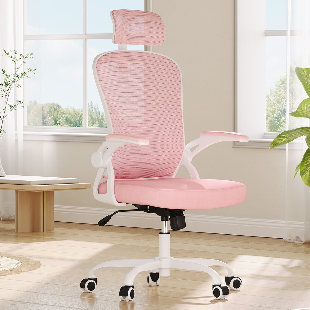 Silla de oficina giratoria con ruedas y altura ajustable, color rosa, blanco y negro