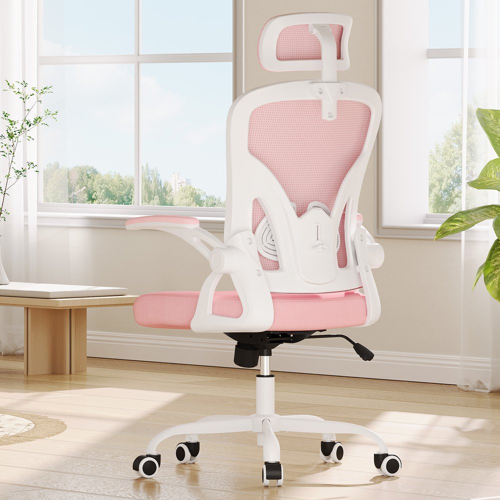 Silla de oficina giratoria con ruedas y altura ajustable, color rosa, blanco y negro