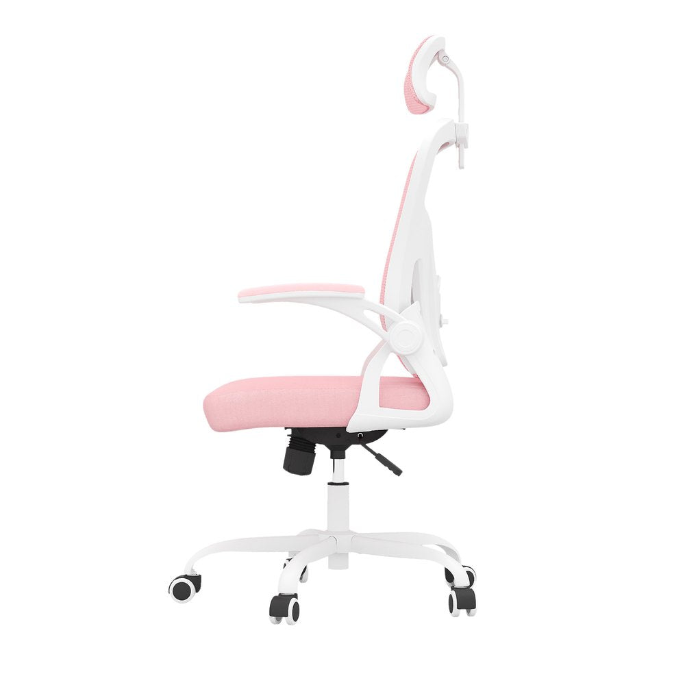 Silla de oficina giratoria con ruedas y altura ajustable, color rosa, blanco y negro