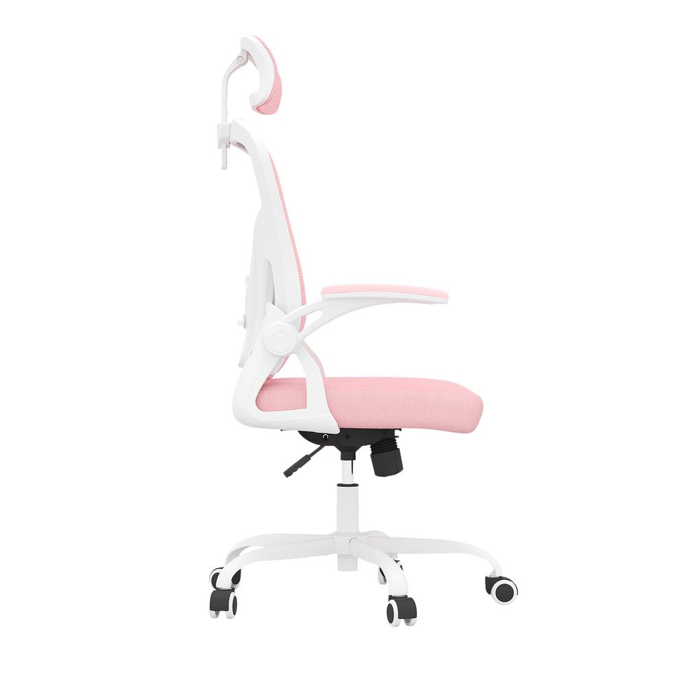 Silla de oficina giratoria con ruedas y altura ajustable, color rosa, blanco y negro