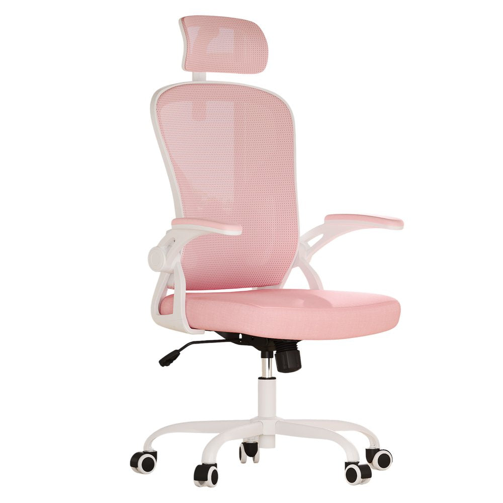 Silla de oficina giratoria con ruedas y altura ajustable, color rosa, blanco y negro
