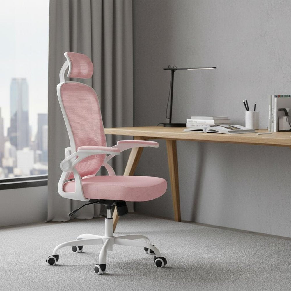 Silla de oficina giratoria con ruedas y altura ajustable, color rosa, blanco y negro