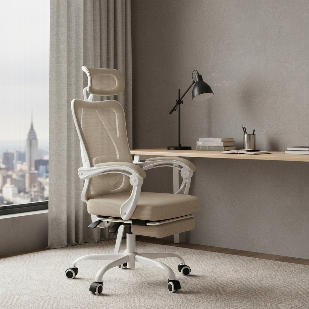Silla de oficina giratoria con ruedas y altura ajustable en beige, blanco y negro