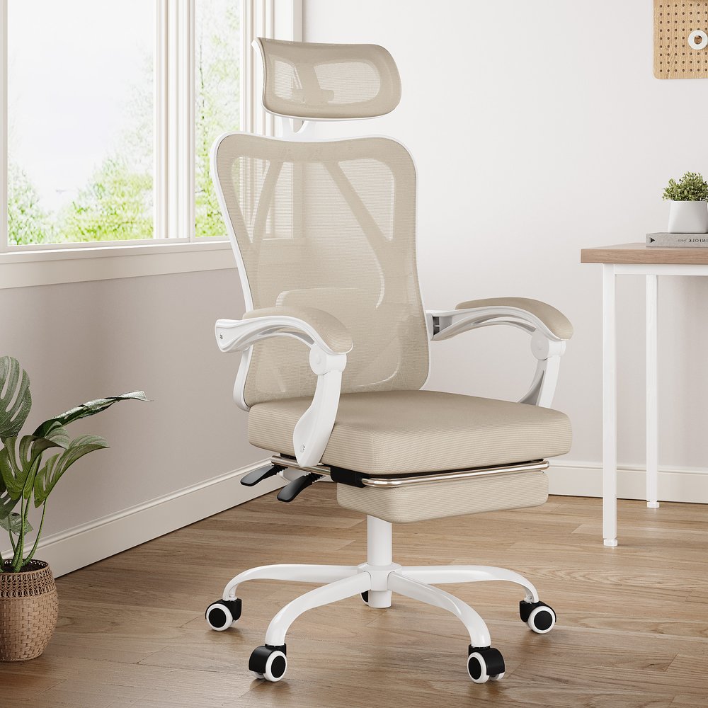 Silla de oficina giratoria con ruedas y altura ajustable en beige, blanco y negro