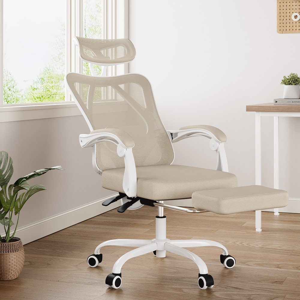 Silla de oficina giratoria con ruedas y altura ajustable en beige, blanco y negro