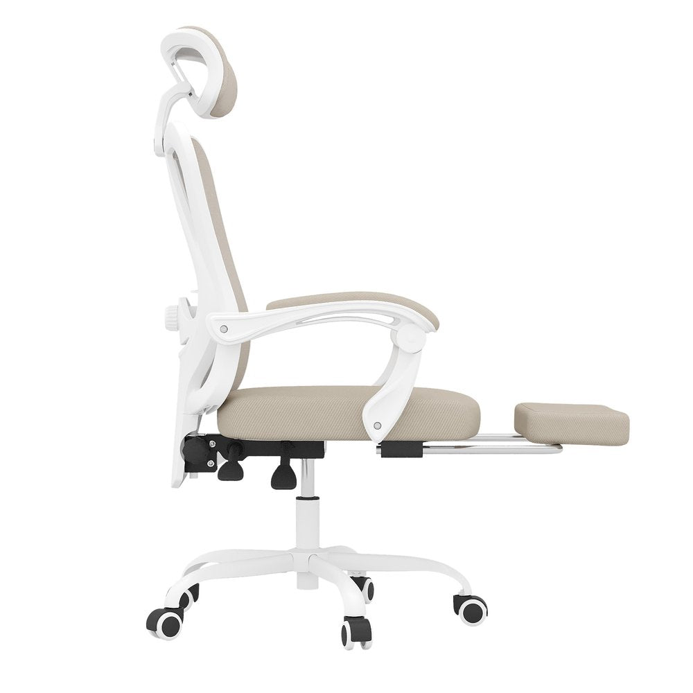 Silla de oficina giratoria con ruedas y altura ajustable en beige, blanco y negro