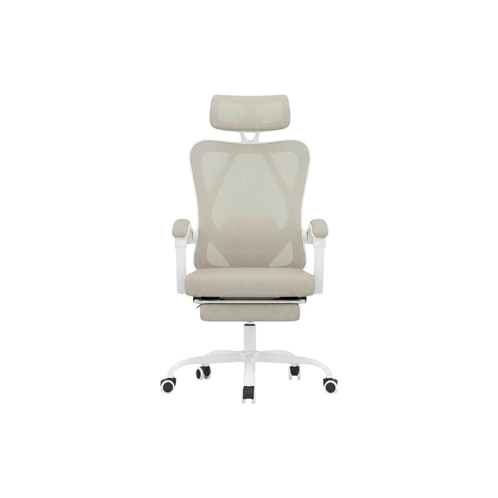 Silla de oficina giratoria con ruedas y altura ajustable en beige, blanco y negro