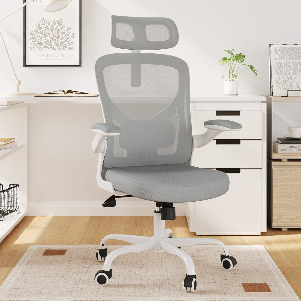 Silla de oficina giratoria con ruedas y altura ajustable en gris, blanco y negro