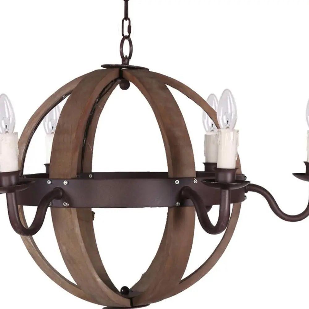 Brown And Black Wood and Metal Sphere Six Light Dimmable Chandelier HomeRoots