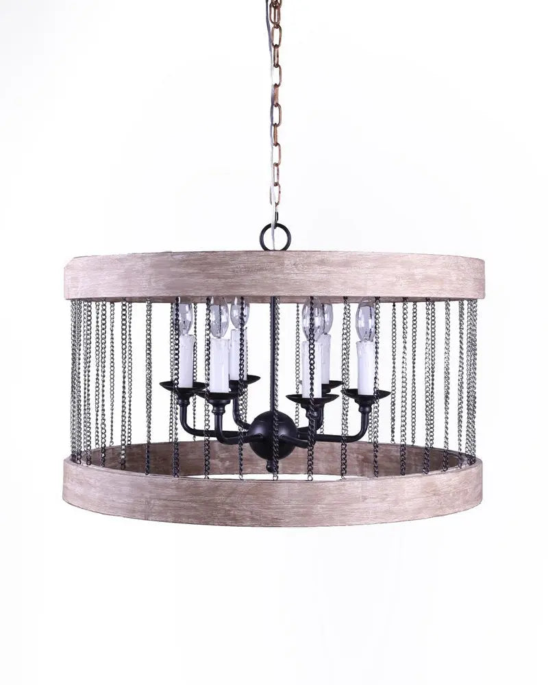 Black And Natural Wood and Metal Cylinder Six Light Dimmable Chandelier HomeRoots