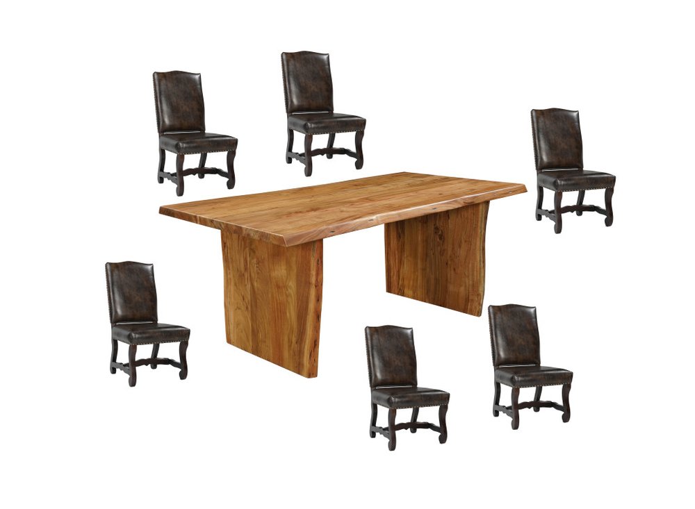 Seven Piece Brown Solid Wood Dining Set with Six Chairs